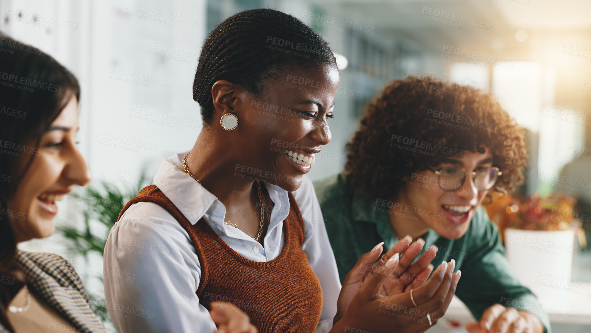 Buy stock photo Creative business woman, winner and applause in promotion, announcement or negotiation success at office. Group of employees, clapping or celebration for partnership, prize or workplace contract goal