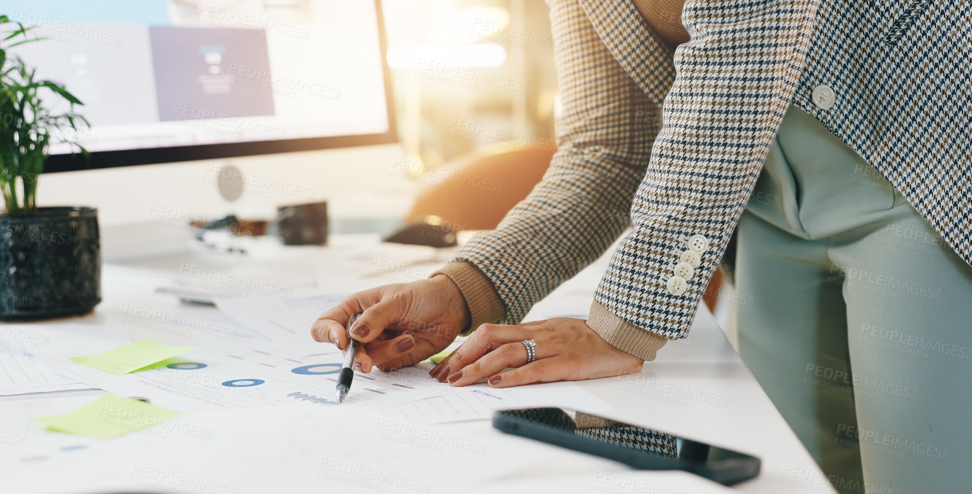 Buy stock photo Business hands, woman and planning with graphs in office for company budget review and financial analysis. Data analyst, professional and finance documents for revenue performance and KPI statistics