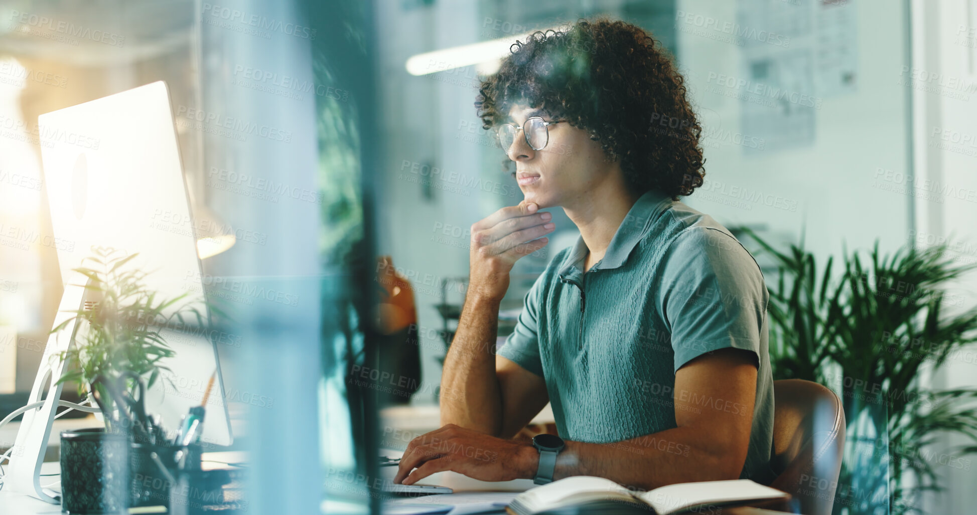 Buy stock photo Man, thinking and computer in office for business, planning and research for article at window. Journalist, vision or tech in agency for report, latest news or ideas for creative process with glasses