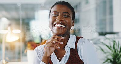 Buy stock photo Office, laughing and black woman at night for business, corporate law firm or proud lawyer with confidence. Working late, female person and attorney with justice for occupation, legal career or happy