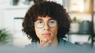 Buy stock photo Man, thinking or glasses at computer for business, planning or research for article in office. Journalist, vision or tech in agency for report, latest news or reporter with ideas for creative process