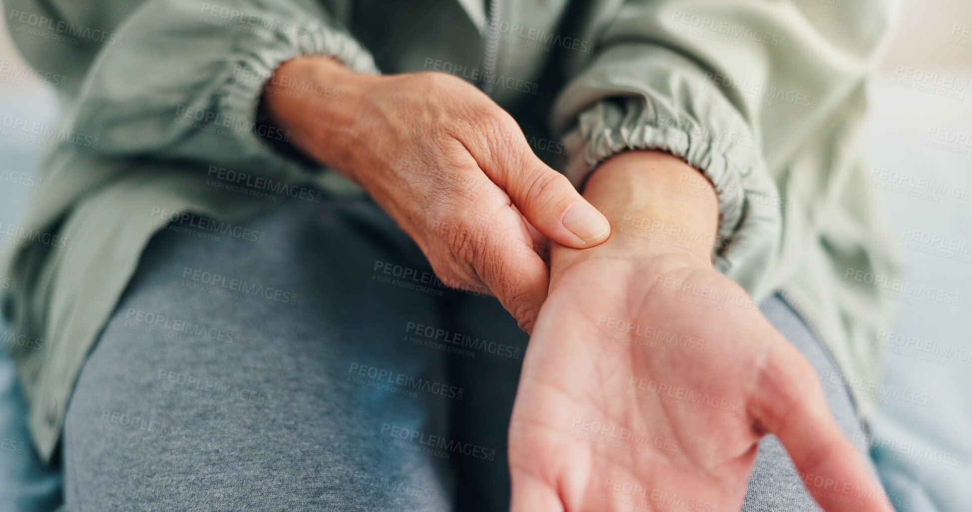 Buy stock photo Pain, wrist and senior person with hand for problem, inflammation or arthritis disease. Bad, closeup and health issue of injury, hurt or risk of weak joint and osteoporosis or carpal tunnel