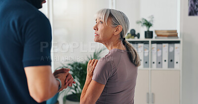 Buy stock photo Physical therapy, senior woman or patient at consultation for problem, inflammation or arthritis. Person, chiropractor and healthcare for injury, rehabilitation and recovery of muscle osteoporosis