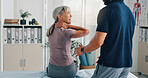 Neck pain, physiotherapy and advice with old woman in clinic for healthcare, osteoarthritis or symptoms. Medical, physical therapy and helping with patient for chiropractor and rehabilitation