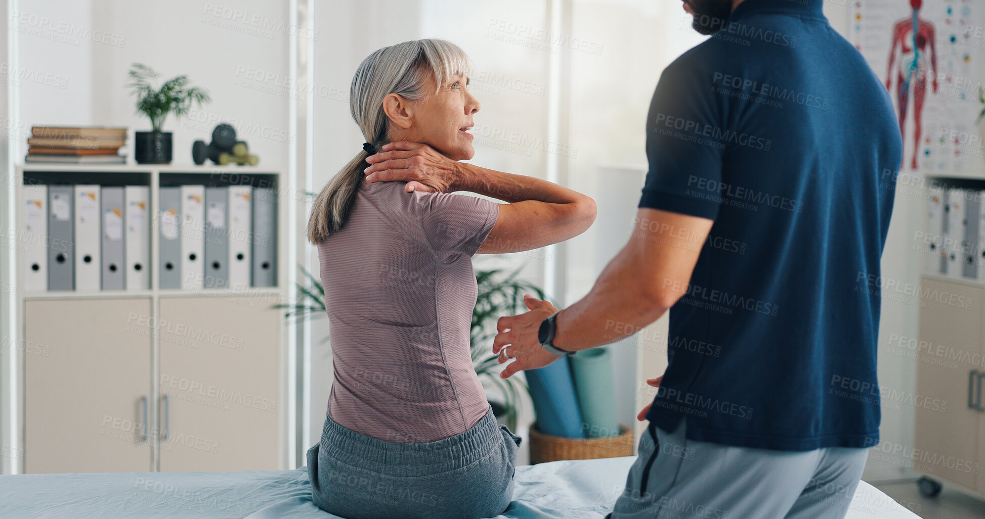 Buy stock photo Neck pain, physiotherapy and advice with old woman in clinic for healthcare, osteoarthritis or symptoms. Medical, physical therapy and helping with patient for chiropractor and rehabilitation