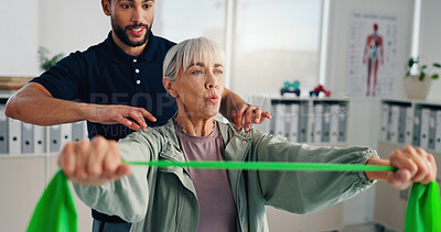 Buy stock photo Physiotherapy, arms or senior woman with resistance band for rehabilitation, muscle exercise or body health. Shoulder mobility, client or stretching elastic for physical recovery, help or balance