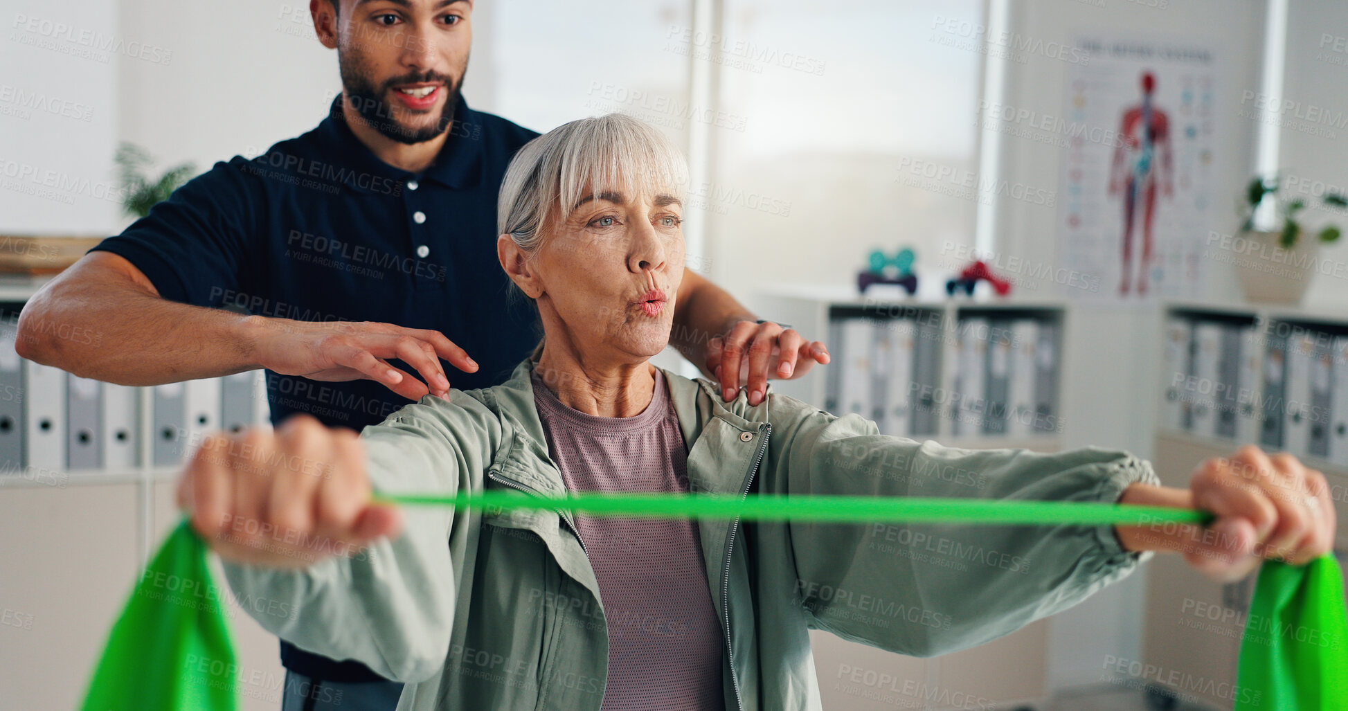 Buy stock photo Physiotherapy, arms or senior woman with resistance band for rehabilitation, muscle exercise or body health. Shoulder mobility, client or stretching elastic for physical recovery, help or balance