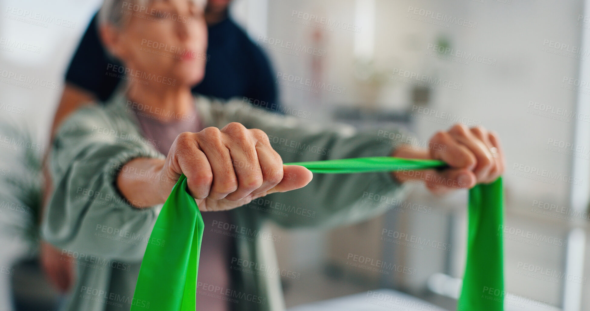 Buy stock photo Physiotherapy, woman or hands with resistance band for rehabilitation, muscle exercise or body health. Mobility, client or stretching with elastic for fitness, physical recovery or help with balance