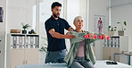 Physiotherapist, help or senior woman with dumbbells for rehabilitation, muscle exercise or body health. Shoulder mobility, weights or physiotherapy client with physical recovery, support or balance