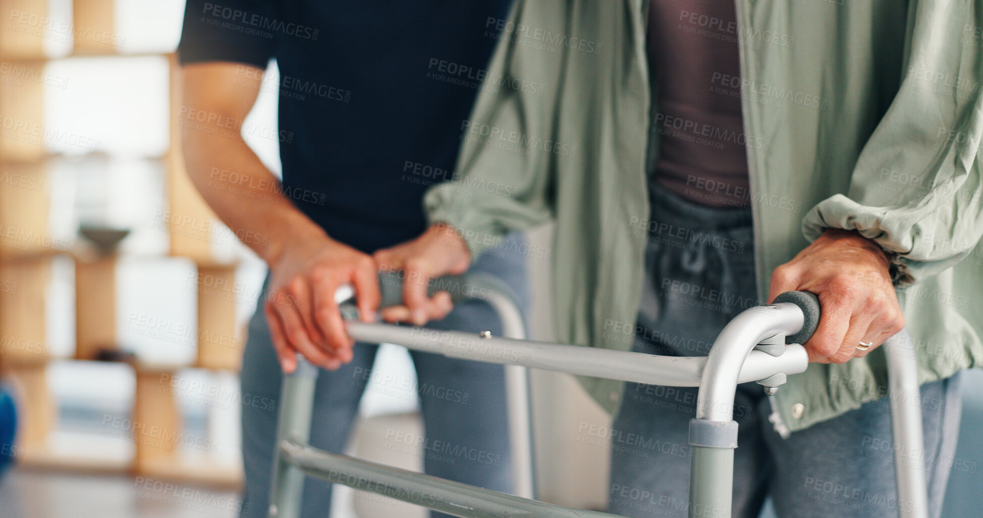 Buy stock photo Physical therapy, senior patient and help with walker for support, injury or arthritis. People, therapist and healthcare with walking frame, rehabilitation and recovery of muscle in osteoporosis
