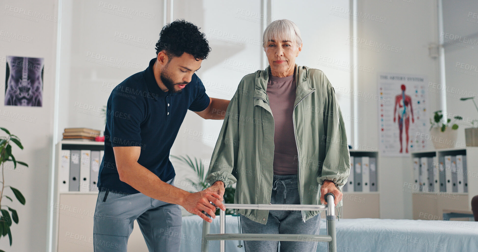 Buy stock photo Senior woman, physical and help with walker for support, injury or arthritis at clinic. Patient, therapist and healthcare with walking frame, rehabilitation and recovery of muscle in osteoporosis
