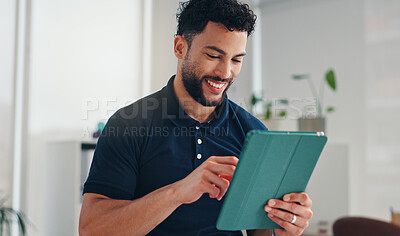 Buy stock photo Tablet, smile and physiotherapy with man in clinic for rehabilitation report, patient files or telehealth. Healthcare, medical or chiropractic network with person for research on treatment plan