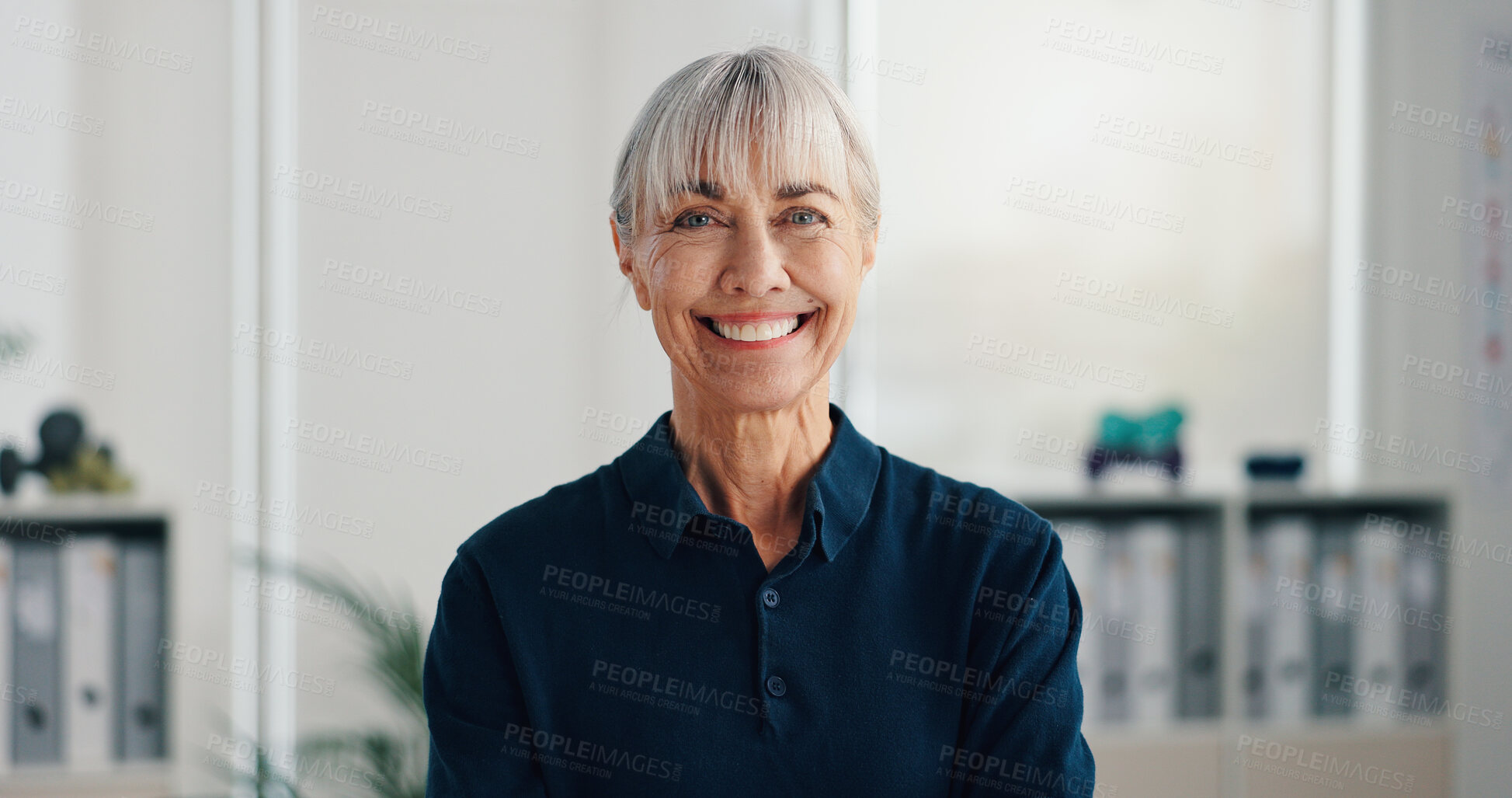 Buy stock photo Smile, physiotherapy and healthcare with mature woman in office for consulting, rehabilitation and pride. Medical, healing and chiropractor with portrait of person in clinic for orthopedic specialist