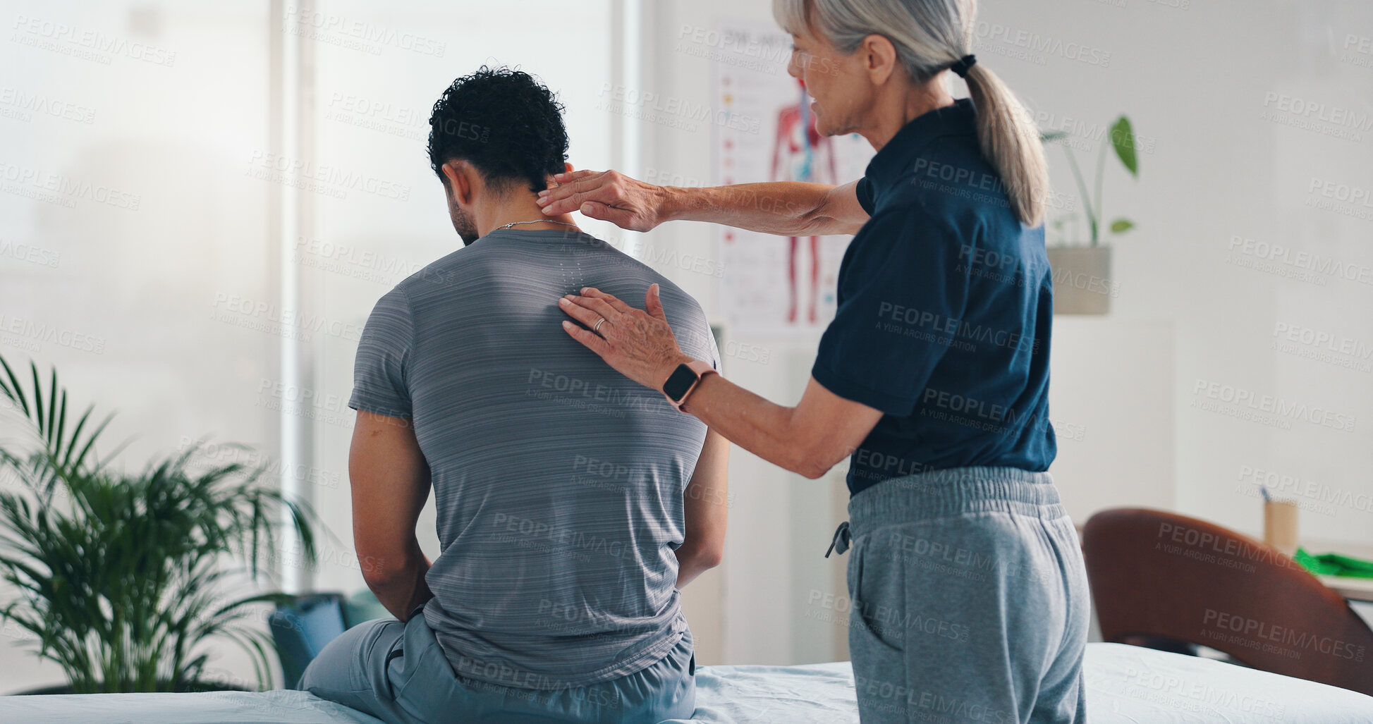 Buy stock photo Physiotherapy, back massage and patient man at consultation for spinal problem or inflammation. Person, chiropractor and touch for injury, rehabilitation and recovery of muscle damage clinic bed