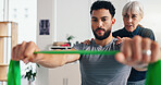 Physiotherapy, man or hands with resistance band for rehabilitation, muscle exercise or health. Mobility help, shoulder or client stretching with elastic for fitness, physical recovery or balance