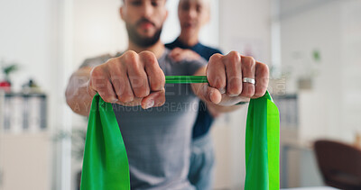 Buy stock photo Physiotherapy, man or hands with resistance band for recovery, muscle exercise or health. Mobility help, shoulder or client stretching with elastic for fitness, physical rehabilitation or balance