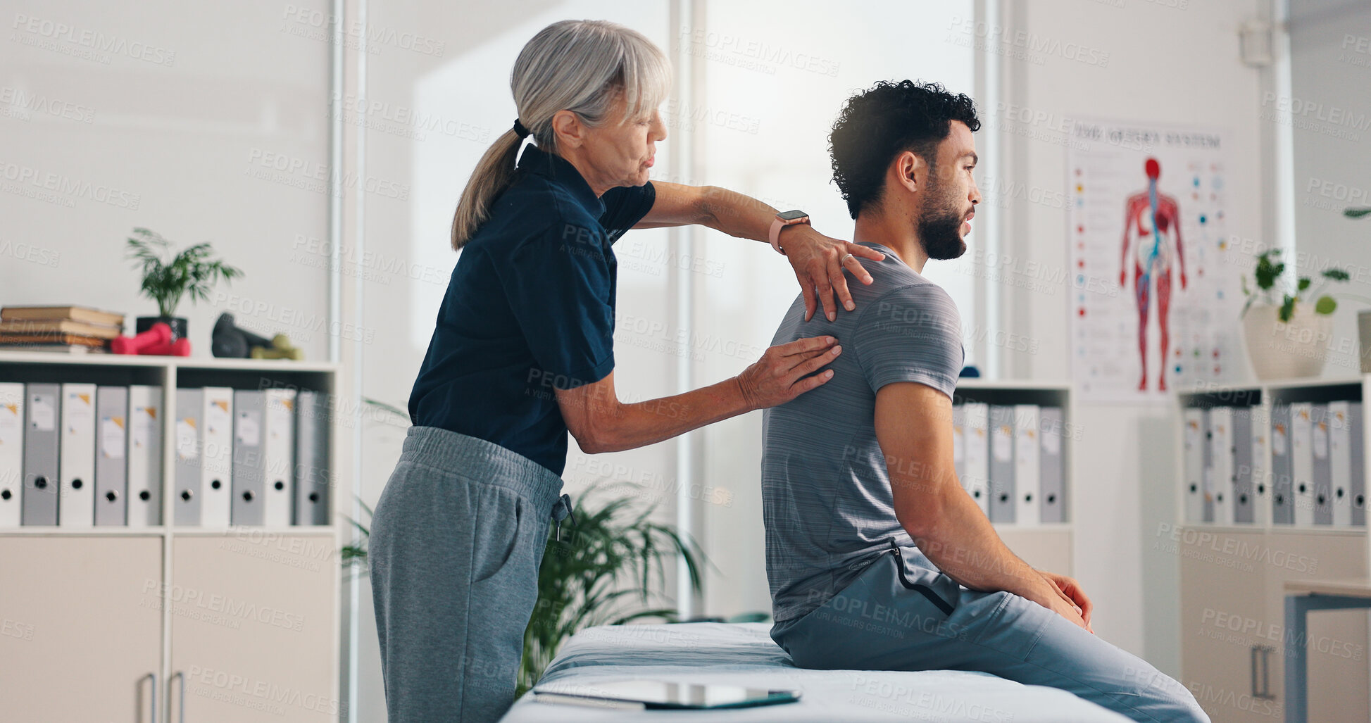 Buy stock photo Chiropractor, back massage and physiotherapy on patient at consultation for spine problem or inflammation. Person, physical therapy on injury for rehabilitation or recovery of muscle damage in clinic