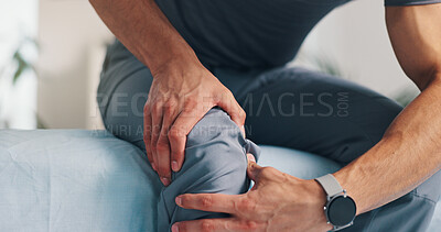 Buy stock photo Pain, knee and person with hands on injury for problem, inflammation or arthritis disease. Patient, closeup and health issue of cramp, hurt joint or risk of muscle damage and osteoporosis in body
