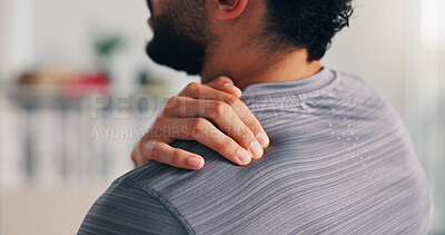 Buy stock photo Pain, shoulder and man with hand on body for tendon tear problem, inflammation or arthritis. Person, closeup and health issue of injury, hurt or risk of weak muscle damage and physical discomfort