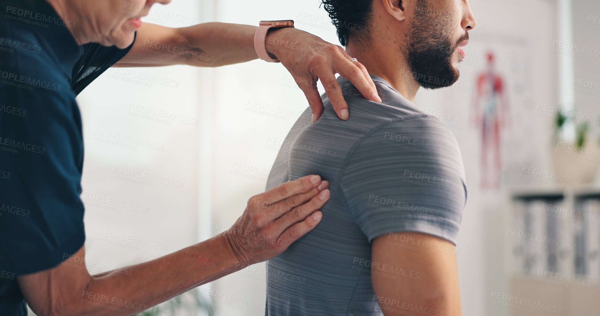 Buy stock photo Chiropractor, back massage and hands on patient at consultation for spinal problem or inflammation. Person, physical therapy or touch for injury, rehabilitation or recovery of muscle damage in clinic