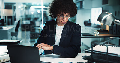 Buy stock photo Night, man and paper in office for finance, business management and budget review at laptop. Accountant, tech and profit report in agency for audit deadline, tax compliance and charts for information