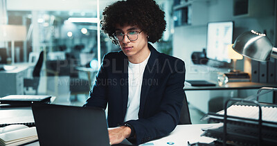 Buy stock photo Night, man and laptop in office for admin, finance management and budget review at paper. Accountant, tech and profit report in agency for audit deadline, tax compliance and charts for information