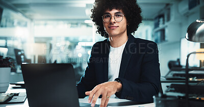 Buy stock photo Night, portrait or man with laptop in office for business, finance management and budget review. Accountant, technology and profit report in agency for audit deadline, tax compliance and information