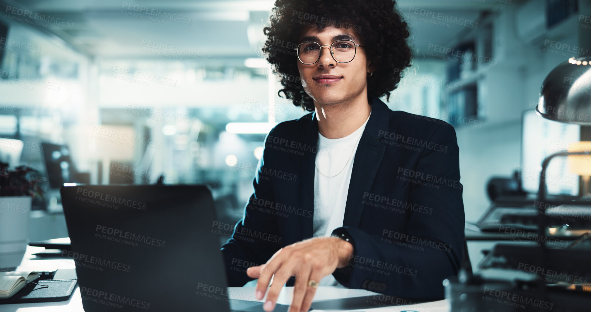 Buy stock photo Night, portrait or man with laptop in office for business, finance management and budget review. Accountant, technology and profit report in agency for audit deadline, tax compliance and information