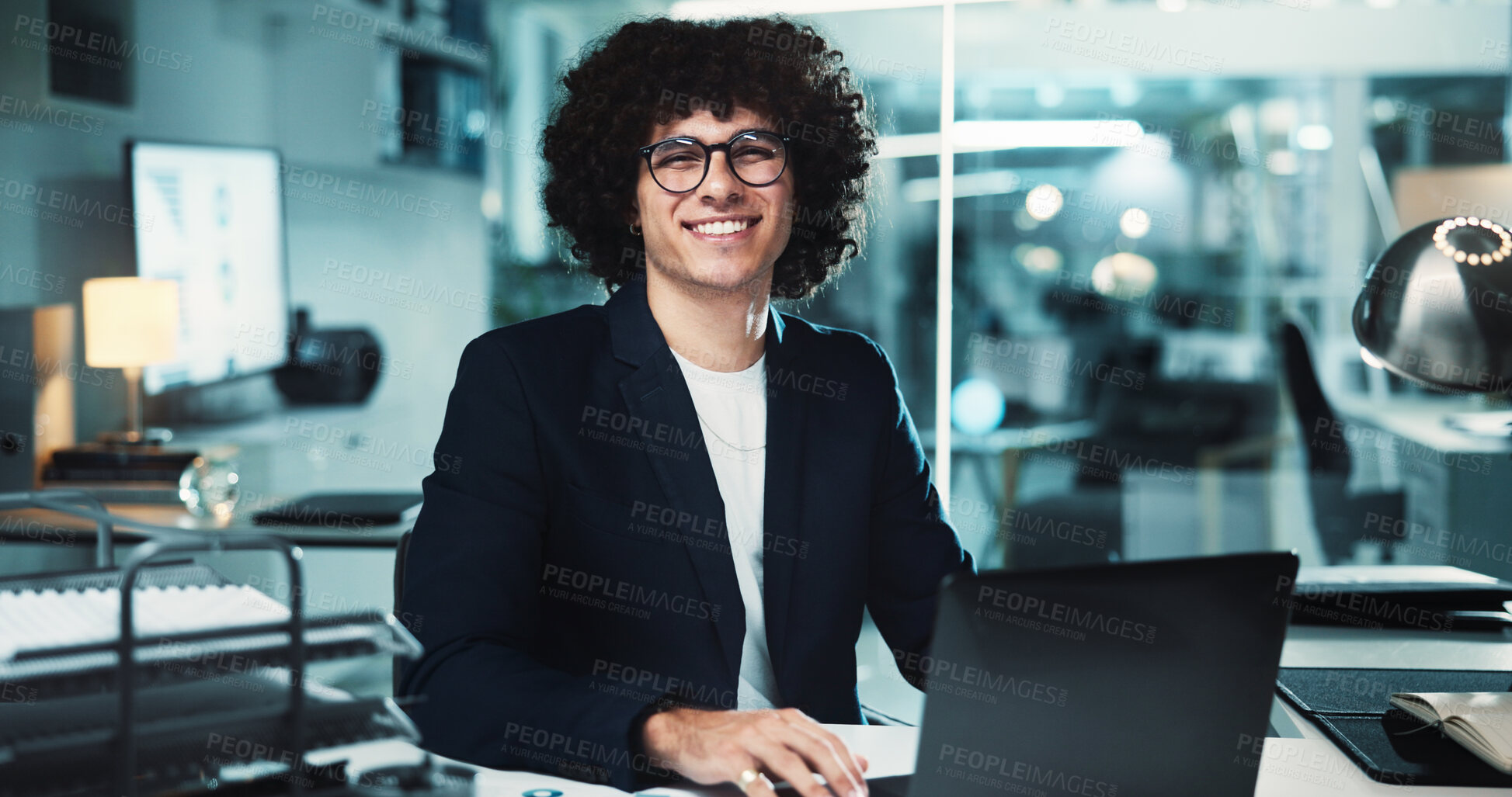 Buy stock photo Night, portrait or happy man with laptop in office for business, finance management or budget review. Accountant, confident or profit report in agency for audit deadline, tax compliance or investment