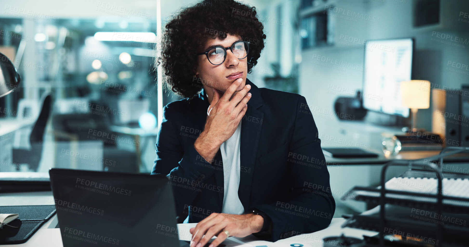 Buy stock photo Night, man and thinking in office with glasses, finance management and budget planning at laptop. Accountant, computer or report in agency for audit deadline, tax compliance or vision for information