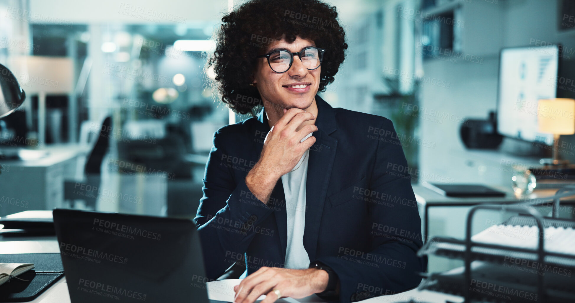 Buy stock photo Night, happy man and thinking in office with glasses, finance management and planning at laptop. Accountant, computer or good idea in agency for audit deadline, tax compliance or vision with research
