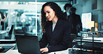 Night, research and woman with laptop in office for business, finance management and budget review. Accountant, paperwork and profit report in accounting agency for audit deadline, taxes or growth