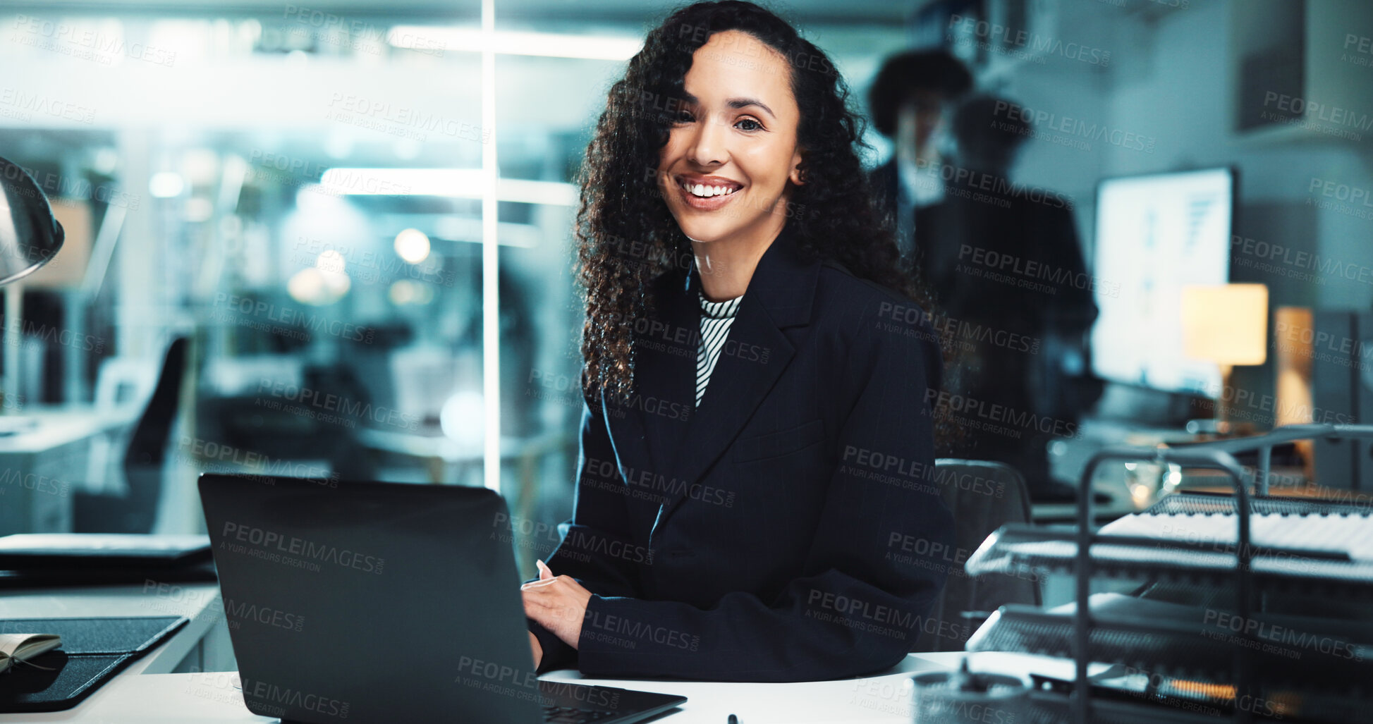 Buy stock photo Night, portrait or happy woman with laptop for business, finance management and budget review. Accountant, technology and profit report in office for audit deadline, tax compliance and accounting