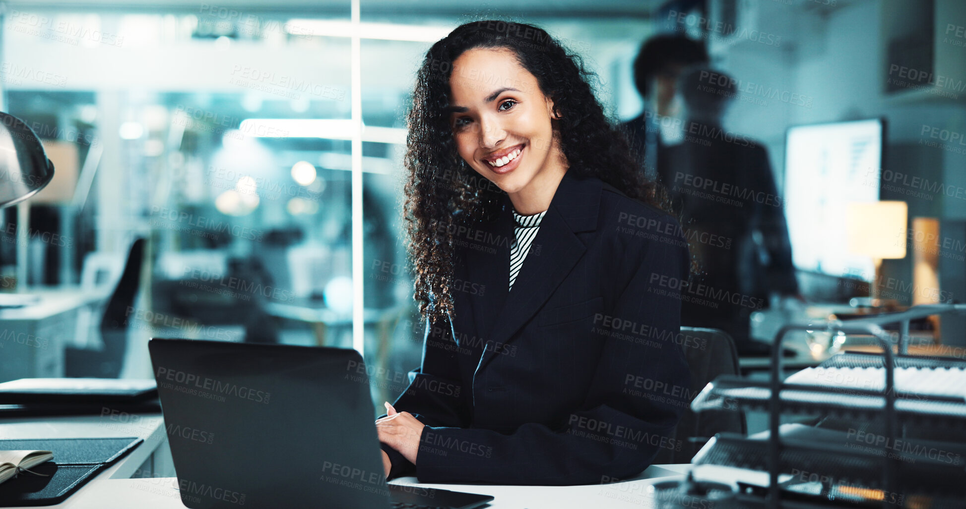 Buy stock photo Night, portrait or happy woman with laptop for finance management, business and budget review. Accountant, technology and profit report in office for audit deadline, tax compliance and accounting