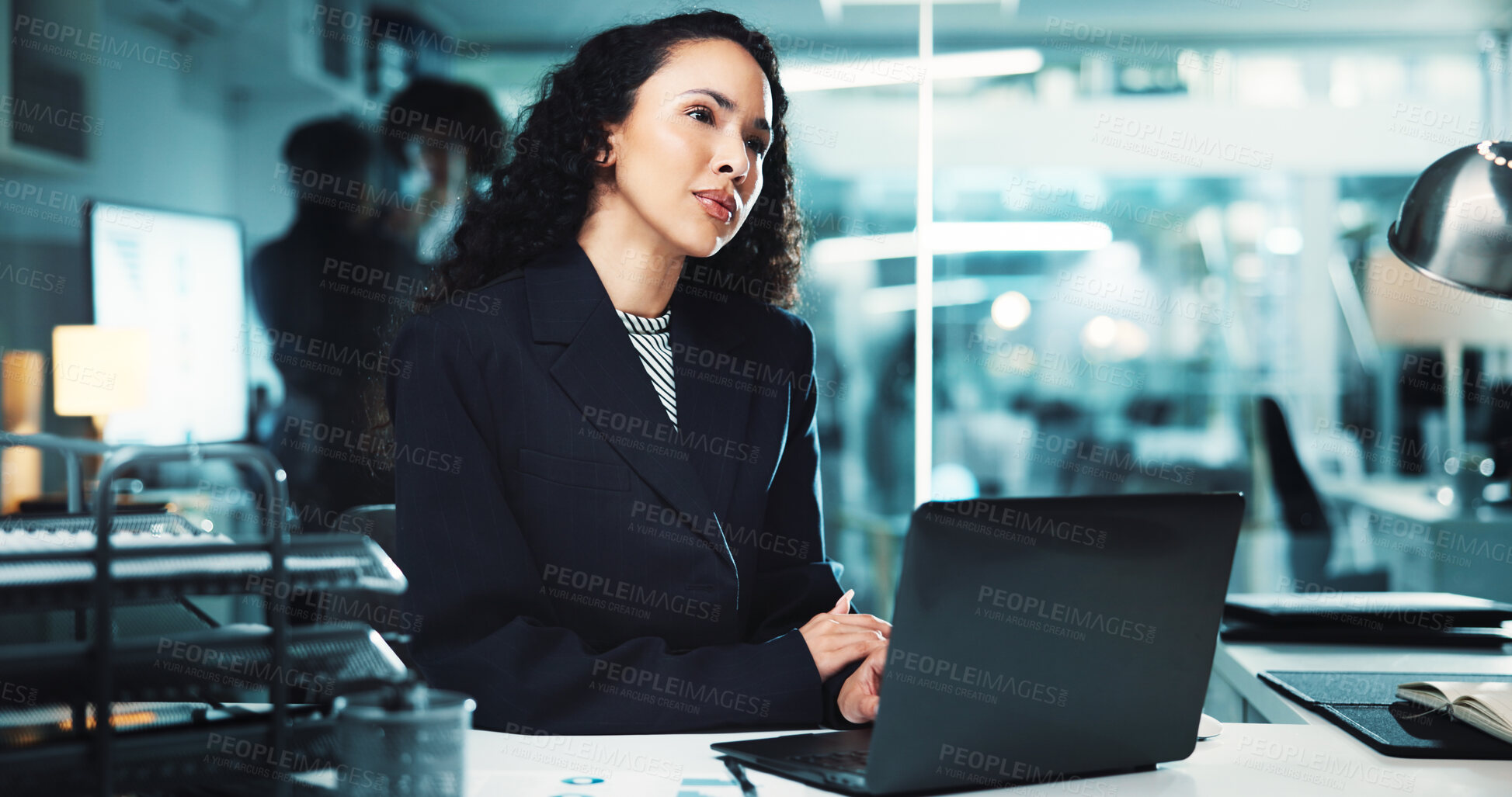 Buy stock photo Night, woman and thinking in office for business, finance management and budget planning at laptop. Accountant, computer and ideas in agency with audit deadline, tax compliance and research report