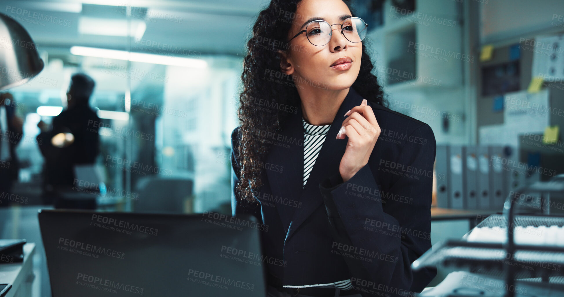 Buy stock photo Night, woman and thinking in agency with glasses, finance management and planning at laptop. Accountant, computer and ideas in office for audit deadline, problem solving and vision for tax research