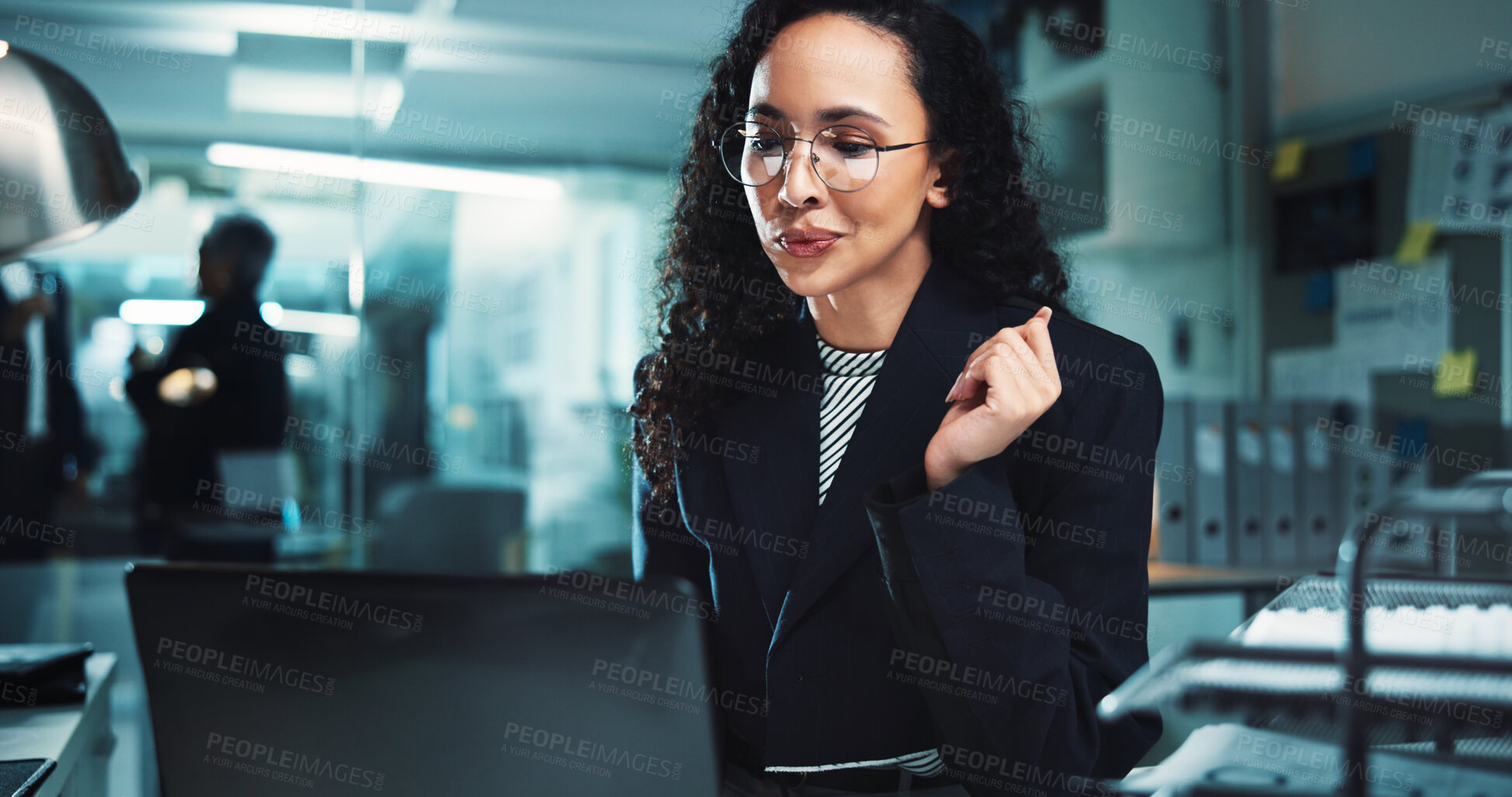 Buy stock photo Night, accounting research or woman on laptop for finance management, business and budget review. Accountant, technology and profit report in office for audit deadline, tax compliance and reading