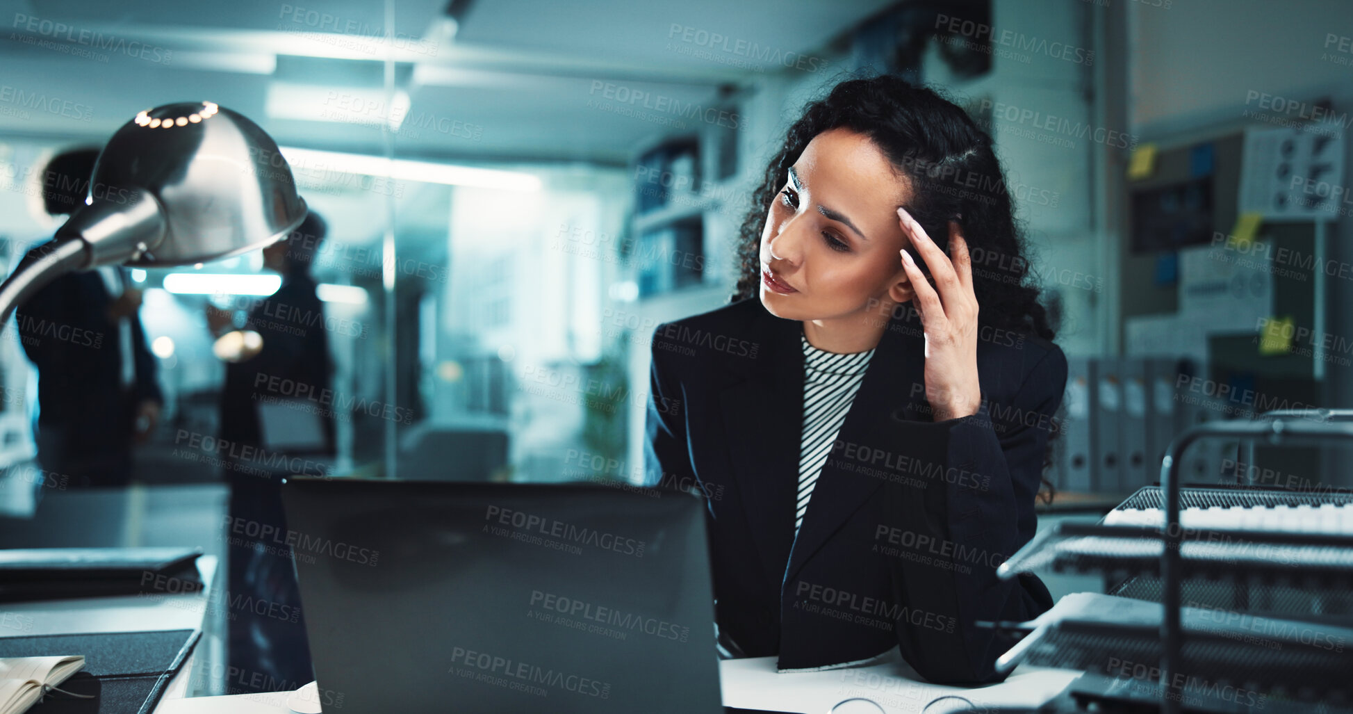 Buy stock photo Bored, laptop and tired with business woman in office for fatigue, burnout and research deadline at night. Policy review, email glitch and thinking with person for risk management and brain fog