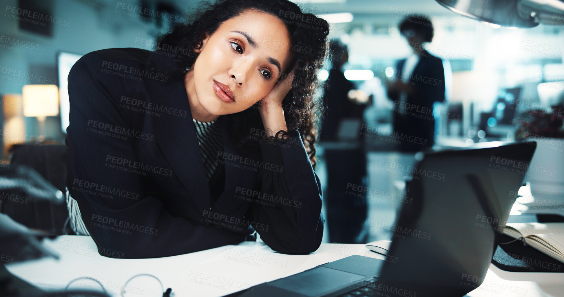 Buy stock photo Night, woman and tired in office with laptop, burnout and fatigue for business deadline. Accountant, tech and bored at desk in overtime, overworked and exhausted employee with low energy in agency