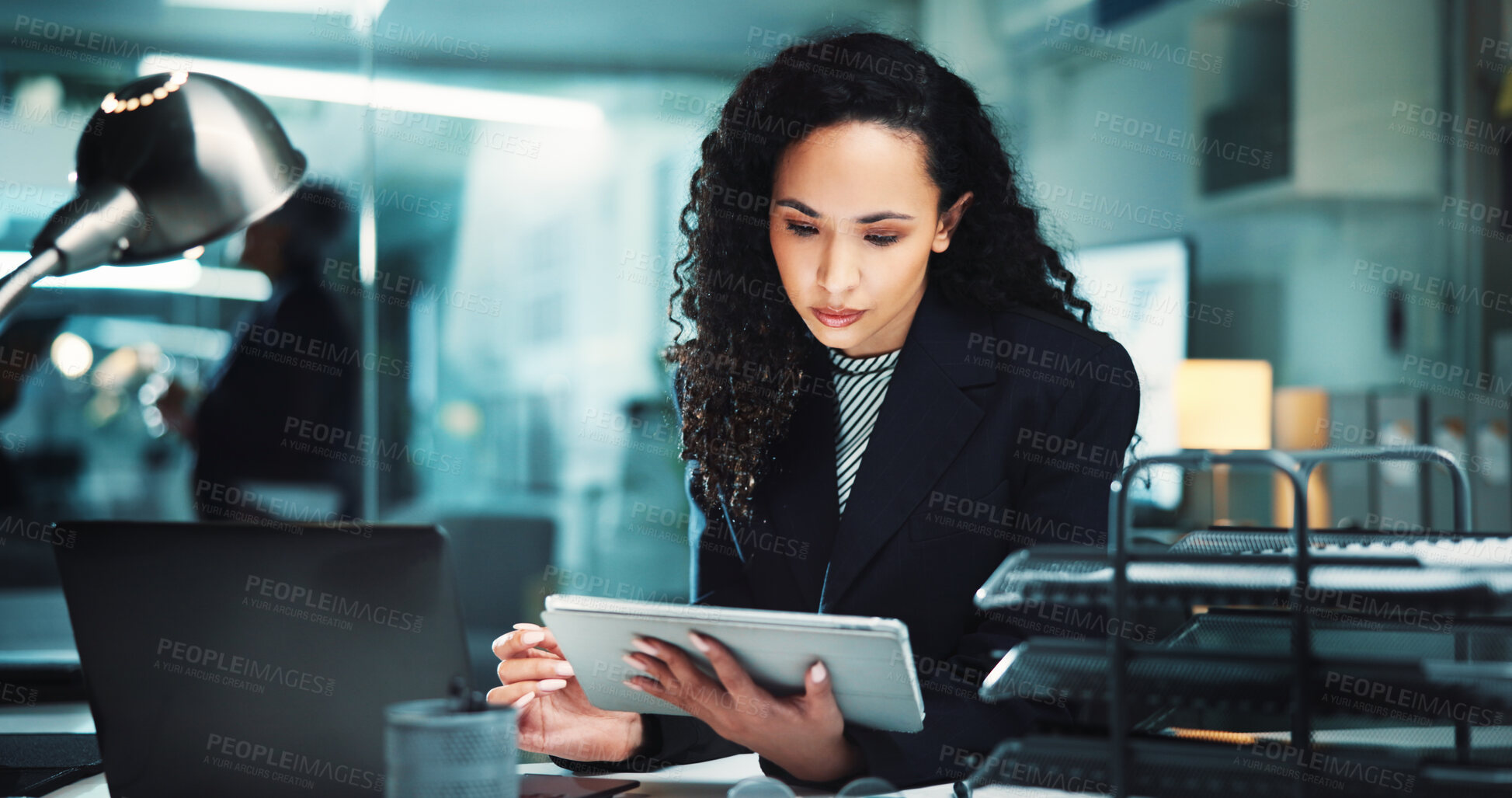 Buy stock photo Night, reading research or woman on tablet for finance management, business and budget review. Accountant, technology and profit report in office for audit deadline, tax compliance or accounting info