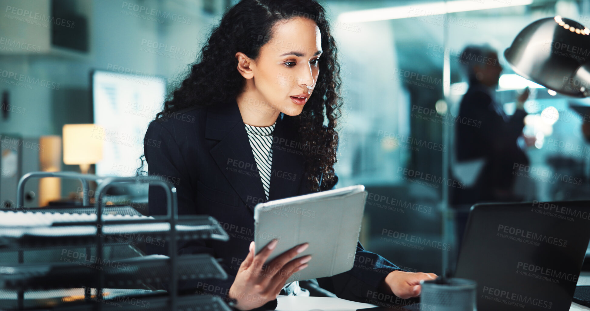 Buy stock photo Night, reading laptop or woman with tablet for finance management, business and budget review. Accountant, technology and profit report in office for audit deadline, tax compliance or accounting info