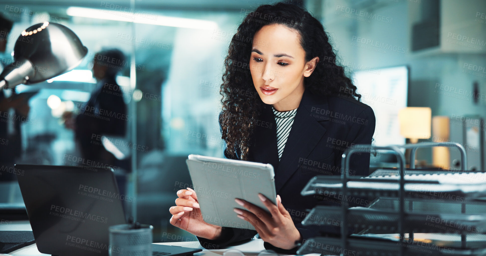 Buy stock photo Night, reading news or woman with tablet for finance management, business and budget review. Accountant, technology and profit report in office for audit deadline, tax compliance or accounting info