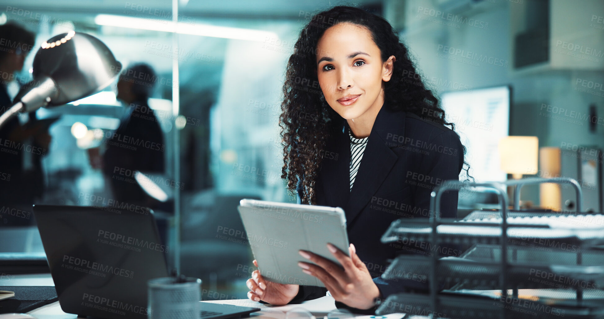 Buy stock photo Night, portrait or woman with tablet for finance management, business and budget review. Confident accountant, technology or profit report in office for audit deadline, tax compliance or accounting