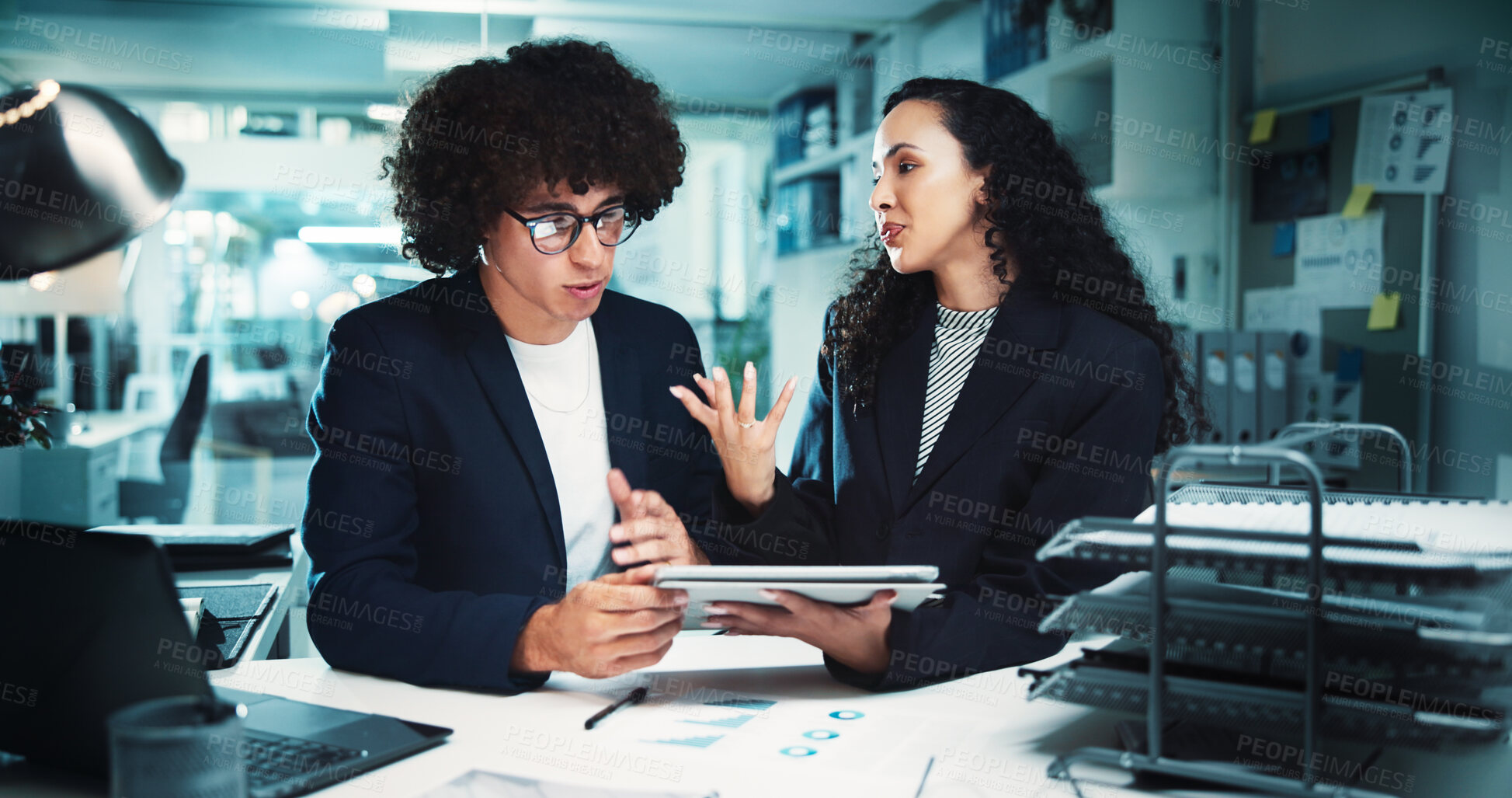 Buy stock photo Office, business people and tablet for research, internet discussion and documents. Online administrator, man and corporate women on tech for project management, reading email and planning at desk