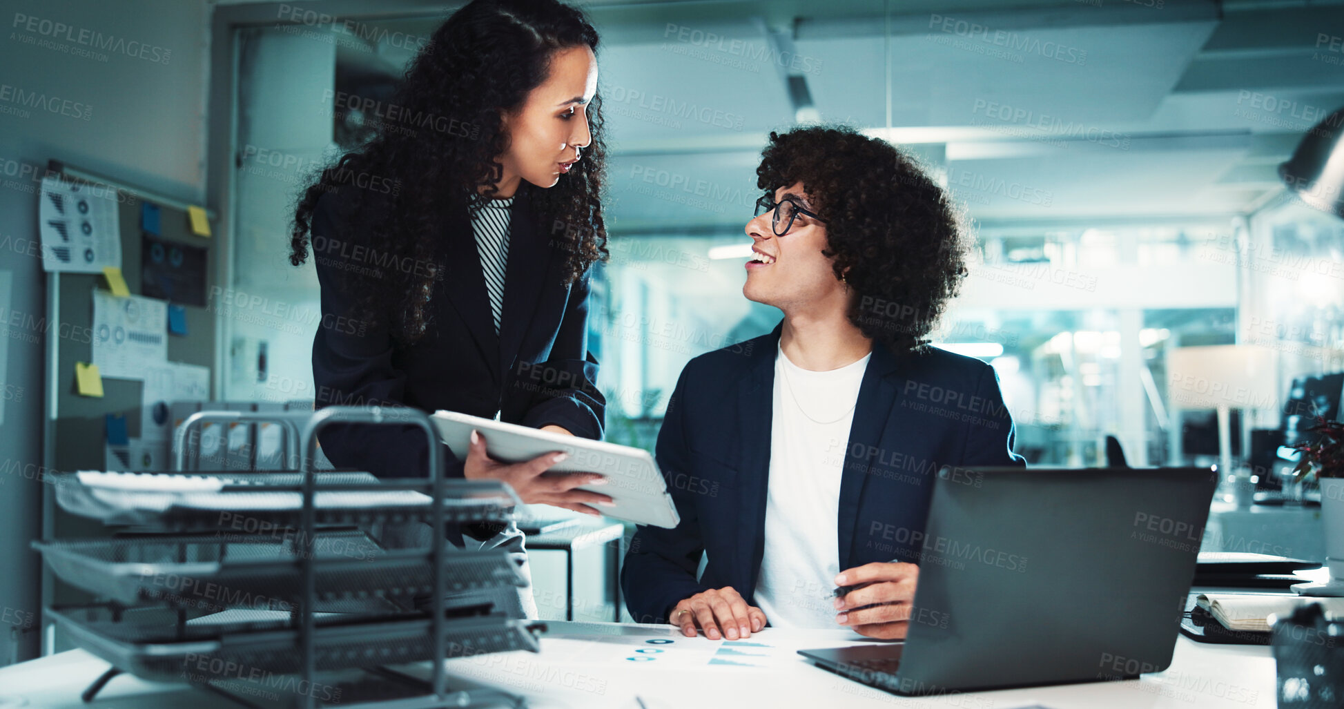 Buy stock photo Office, business people and laptop for discussion, internet research and documents. Online administrator, man and corporate women on tablet for project management, reading email and planning at desk