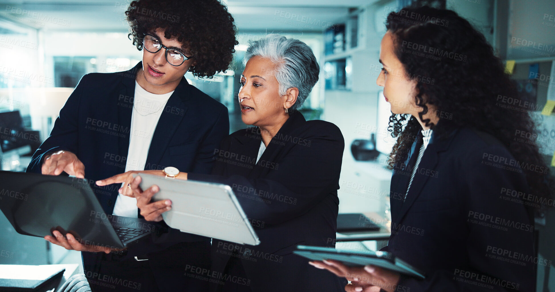Buy stock photo Office, business people and tablet for research discussion, internet search and documents. Team administrator, women and corporate man on laptop for project management, email and planning in agency