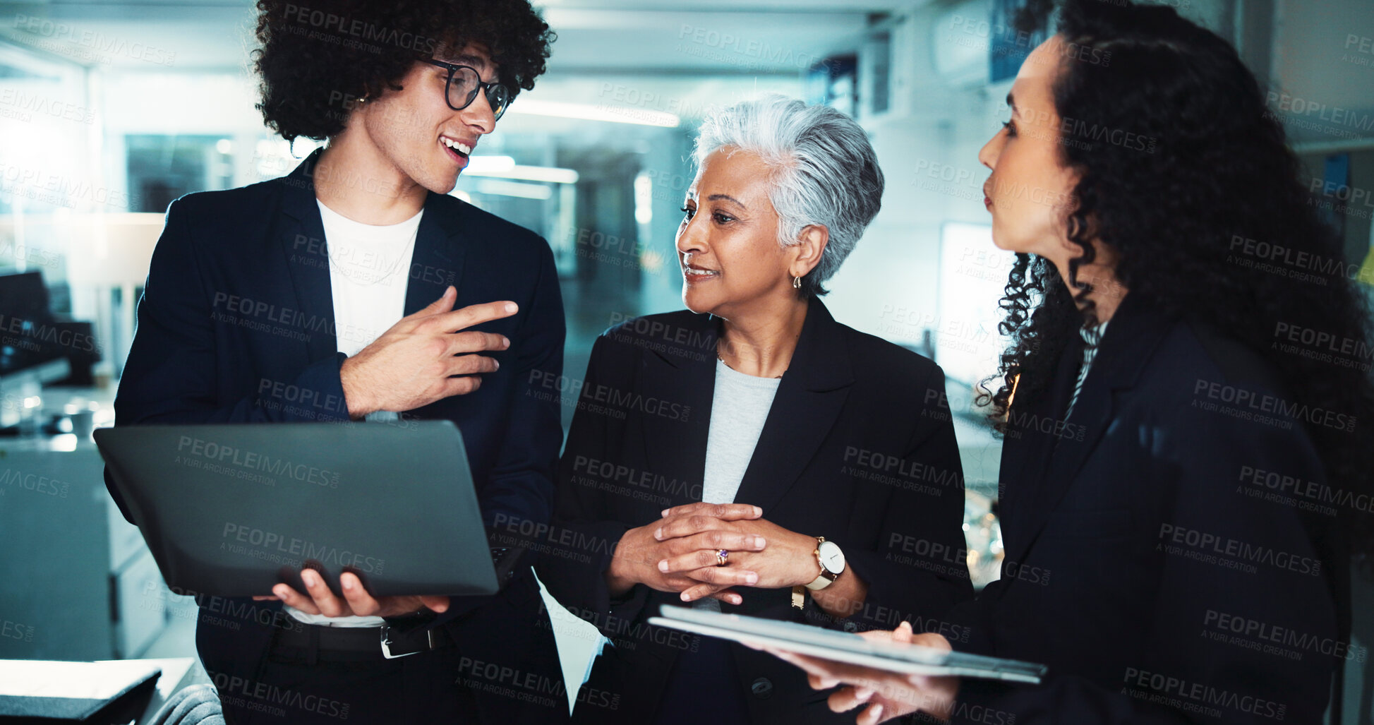 Buy stock photo Office, business people and tablet for online discussion, internet research and documents. Team administrator, women and corporate man on laptop for project management, email and planning in agency