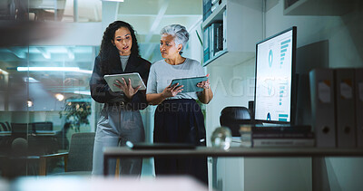 Buy stock photo Office, business women and tablet for online research, internet search and website graphs. Mature, professional and corporate people on tech for project management, reading email and planning at desk