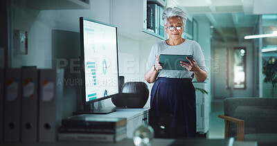 Screen, tablet and infographic with business woman in office for deadline, accounting graph and budget research. Revenue charts, data analysis and overtime with mature person at night for monitor