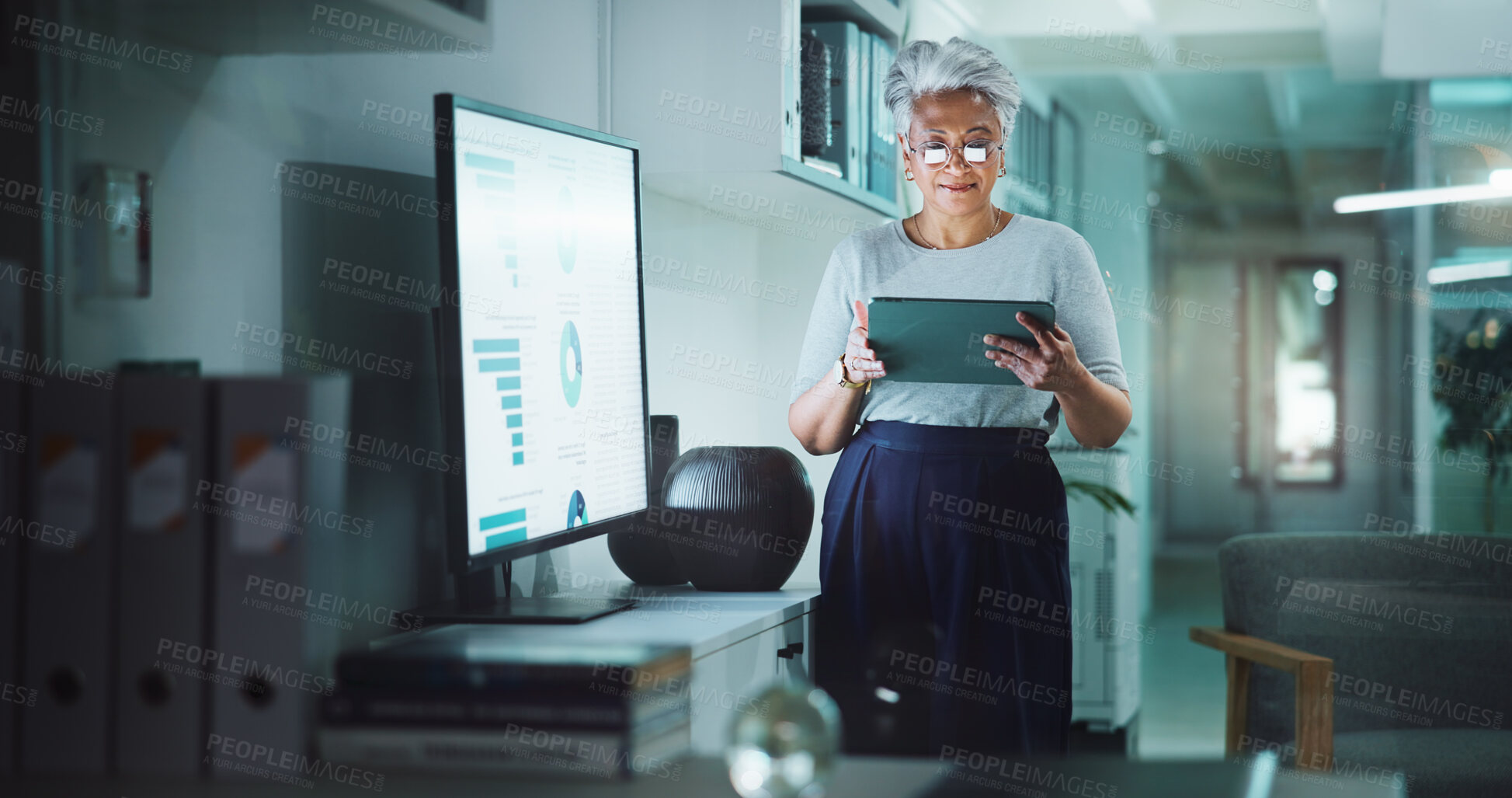 Buy stock photo Screen, tablet and infographic with business woman in office for deadline, accounting graph and budget research. Revenue charts, data analysis and overtime with mature person at night for monitor